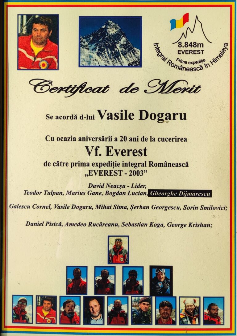 Vasile Dogaru, certificat de merit cu ocazia aniversării a 20 de ani de la cucerirea vârfului Everest.